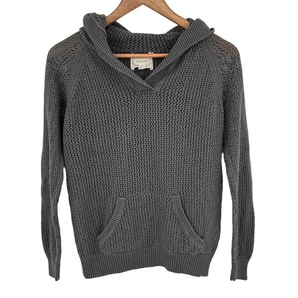 Shirt 469 gray open weave linen blend hooded sweater size small